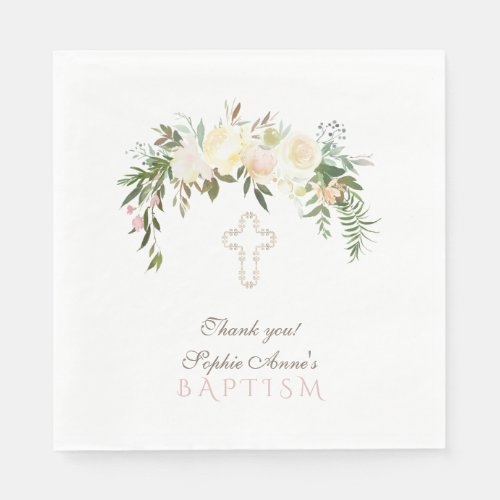 Chic Ivory Watercolour Floral Baptism Napkins