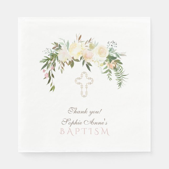 Chic Ivory Watercolour Floral Baptism Napkins (Front)