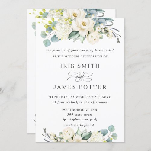 Chic Ivory White Floral Greenery Wedding Invitation