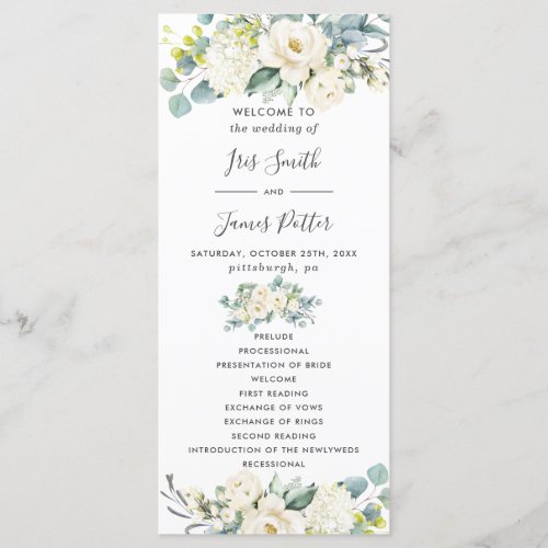 Chic Ivory White Floral Greenery Wedding Program