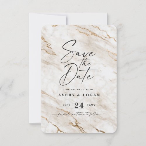 Chic Ivory White Marble with Yellow Gold Glitter Save The Date