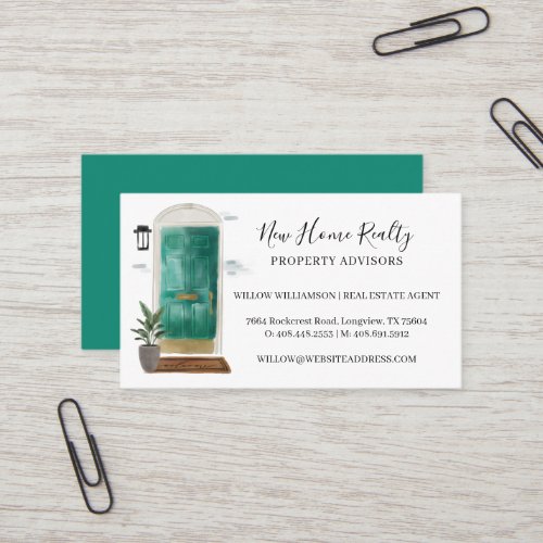 Chic Jade Green Watercolor Front Door Entranceway Business Card