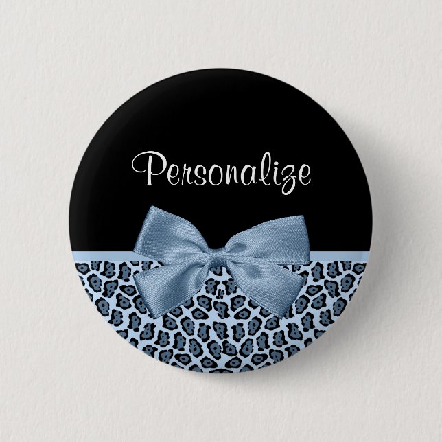 Chic Jaguar Print Light Blue Bow With Name Button (Front)