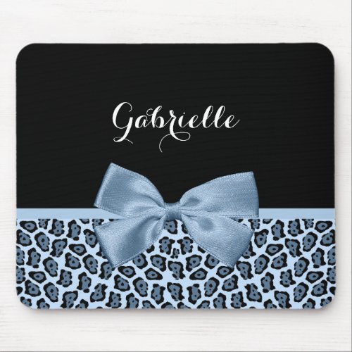 Chic Jaguar Print Light Blue Bow With Name Mouse Pad