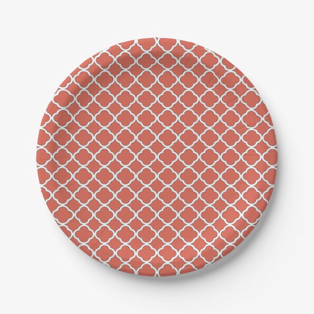 Chic Jelly Bean Orange Quatrefoil Maroccan Pattern Paper Plates (Front)
