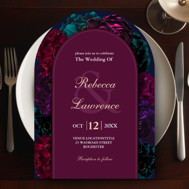 Chic jewel tones floral burgundy navy wedding arch invitation (Creator Uploaded)