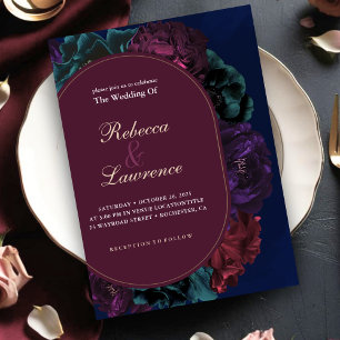Chic jewel tones floral burgundy navy wedding  invitation