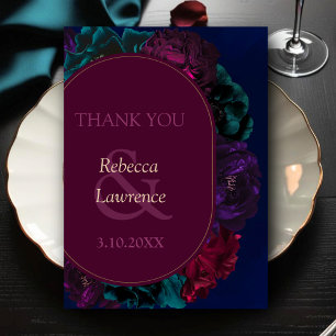 Chic jewel tones floral burgundy navy wedding thank you card