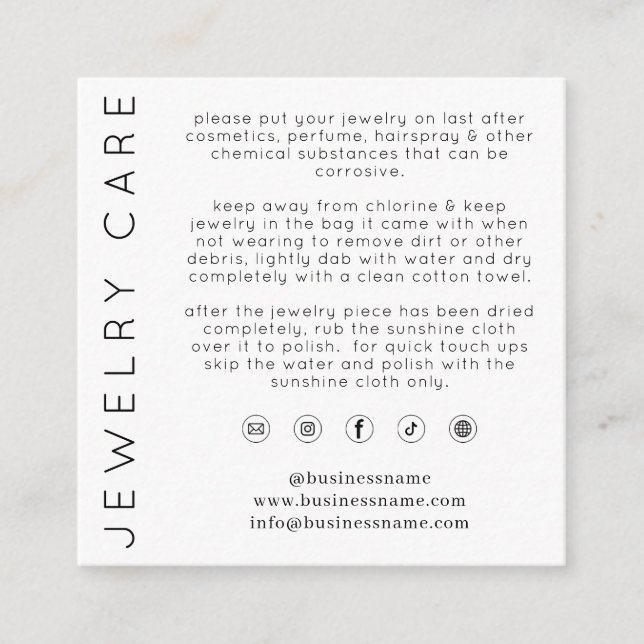 Chic Jewelry Care Instructions Thank You Business Enclosure Card (Front)