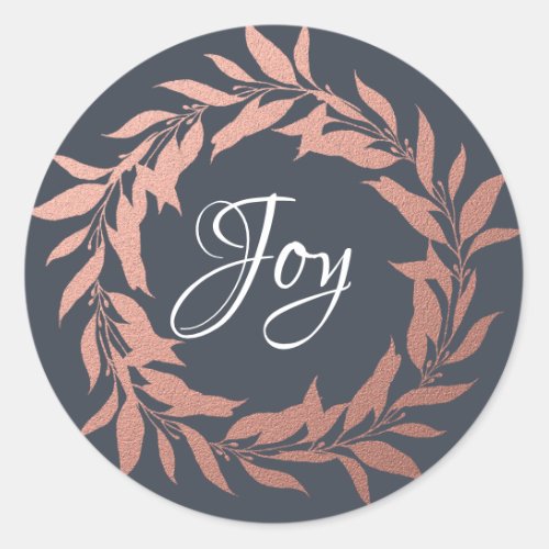 Chic Joy Rose Gold Wreath Christmas Dark Blue Classic Round Sticker