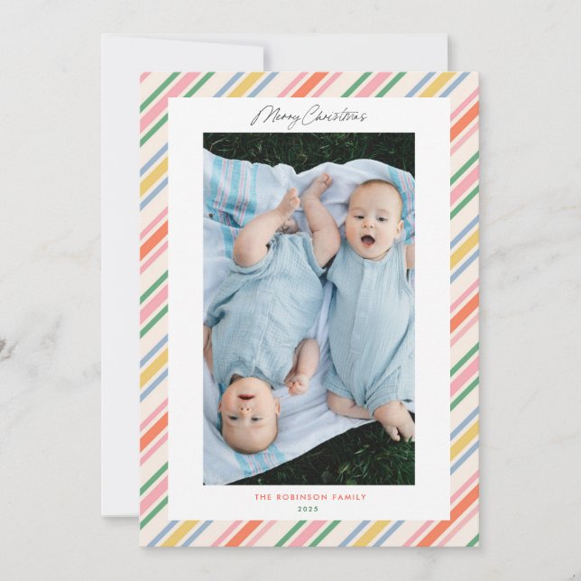 Chic Joyful Stripes Frame Christmas Photo Card (Front)