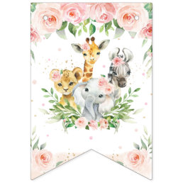 Chic Jungle Animals Blush Pink Floral Baby Shower Bunting Flags