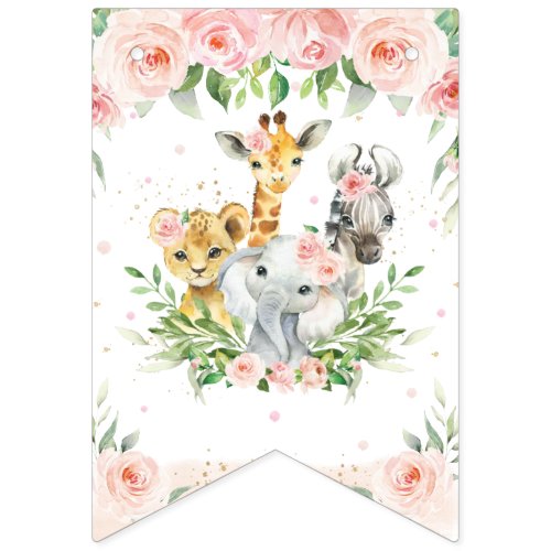 Chic Jungle Animals Blush Pink Floral Baby Shower Bunting Flags