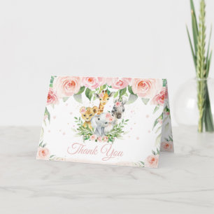 Chic Jungle Animals Blush Pink Floral Baby Shower Thank You Card