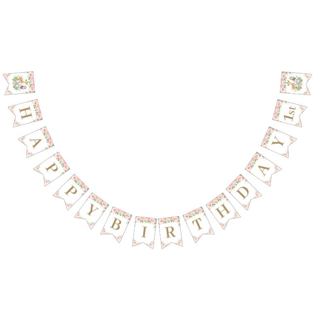 Chic Jungle Animals Blush Pink Floral Birthday Bunting Flags (All)