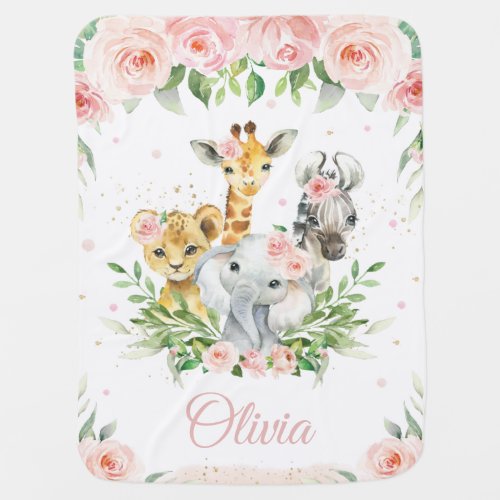 Chic Jungle Animals Blush Pink Floral Soft  Baby Blanket