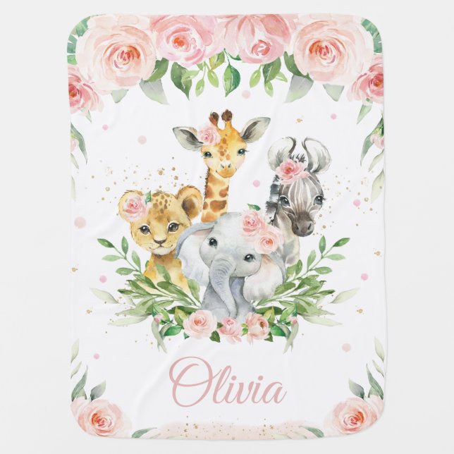 Chic Jungle Animals Blush Pink Floral Soft  Baby Blanket (Front)