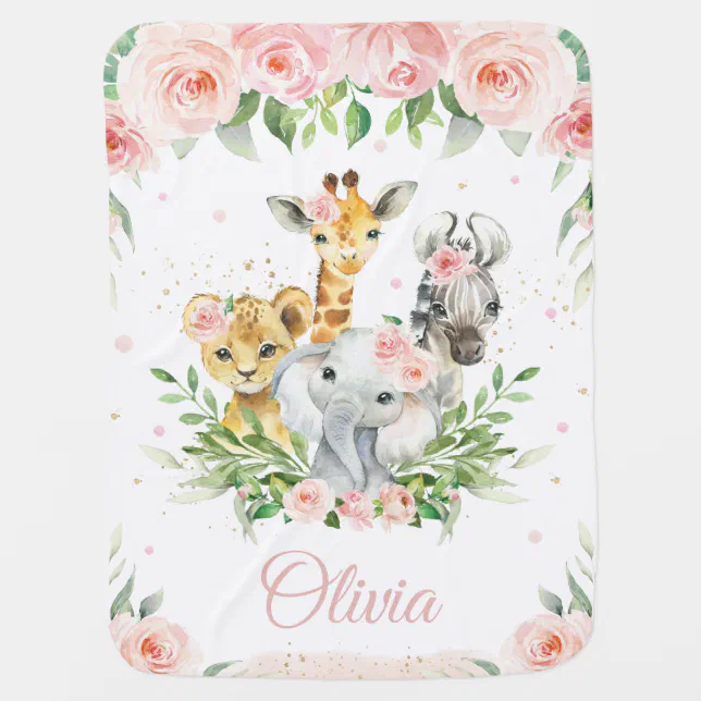 Chic Jungle Animals Blush Pink Floral Soft Baby Blanket | Zazzle