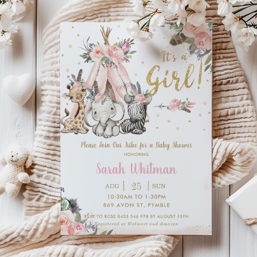 Chic Jungle Animals Boho Tribal Girl Baby Shower Invitation