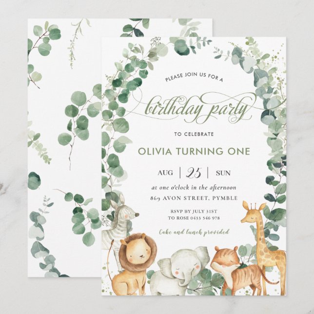 Chic Jungle Animals Greenery  1st Birthday Party  Invitation (Front/Back)