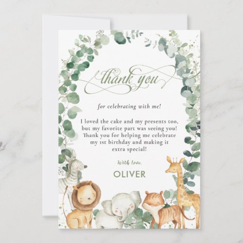Chic Jungle Animals Greenery 1st Birthday Party Thank You Card
