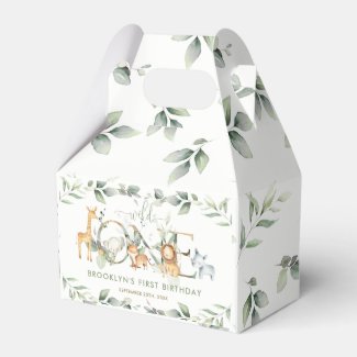 Chic Jungle Animals Greenery 1st Birthday Wild One Favor Box