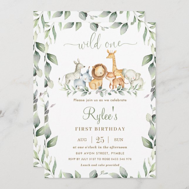 Chic Jungle Animals Greenery 1st Birthday Wild One Invitation (Front/Back)