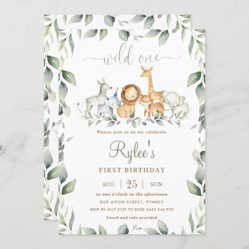 Chic Jungle Animals Greenery 1st Birthday Wild One Invitation