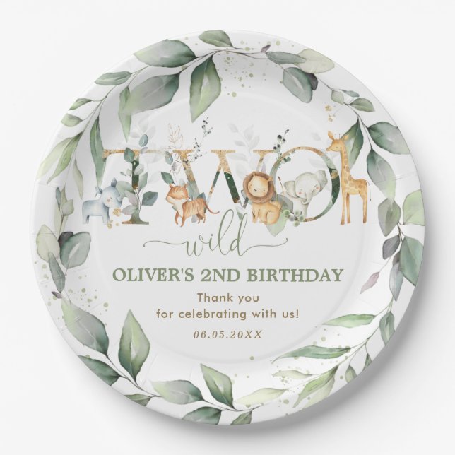 Chic Jungle Animals Greenery 2nd Birthday Two Wild Paper Plates (Front)