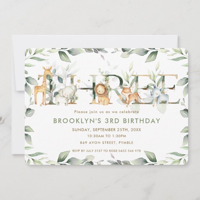 Chic Jungle Animals Greenery 3rd Birthday Three Invitation (Front)