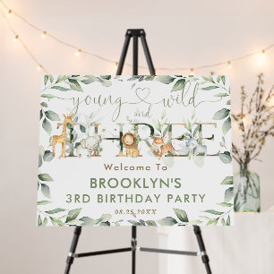 Chic Jungle Animals Greenery 3rd Birthday Welcome Foam Board