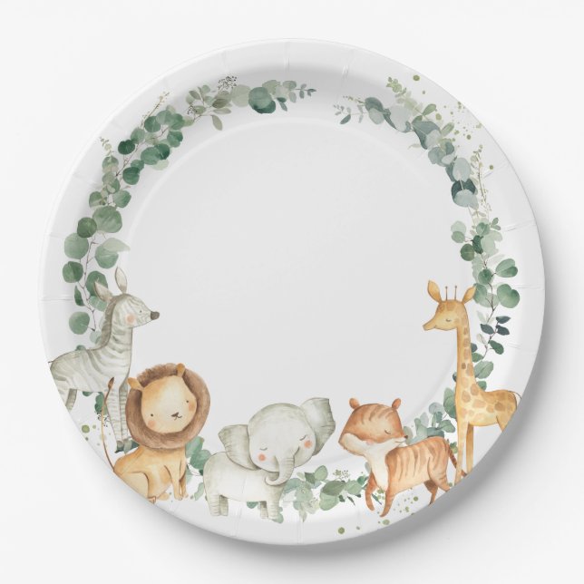 Chic Jungle Animals Greenery Baby Shower Birthday Paper Plates (Front)