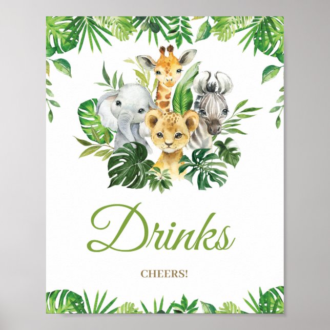 Chic Jungle Animals Greenery Baby Shower Drinks  Poster (Front)
