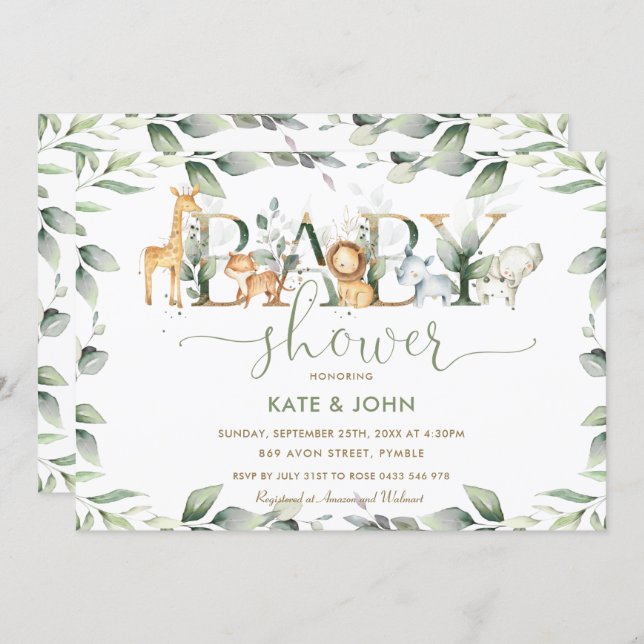 Chic Jungle Animals Greenery Baby Shower Neutral Invitation (Front/Back)