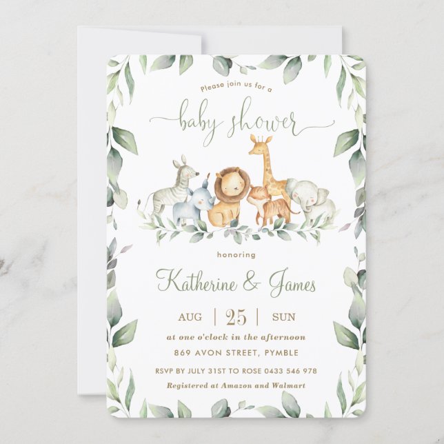 Chic Jungle Animals Greenery Baby Shower Neutral Invitation (Front)