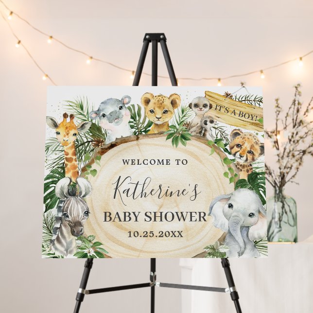 Chic Jungle Animals Greenery Baby Shower Welcome  Foam Board (In Situ (Stand))