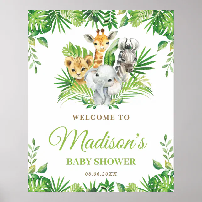 Chic Jungle Animals Greenery Baby Shower Welcome Poster | Zazzle