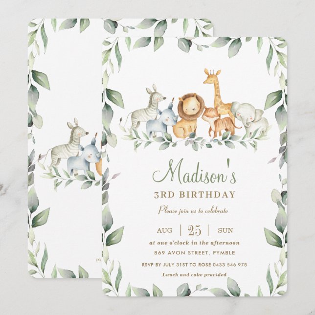 Chic Jungle Animals Greenery Birthday Boy Girl Invitation (Front/Back)
