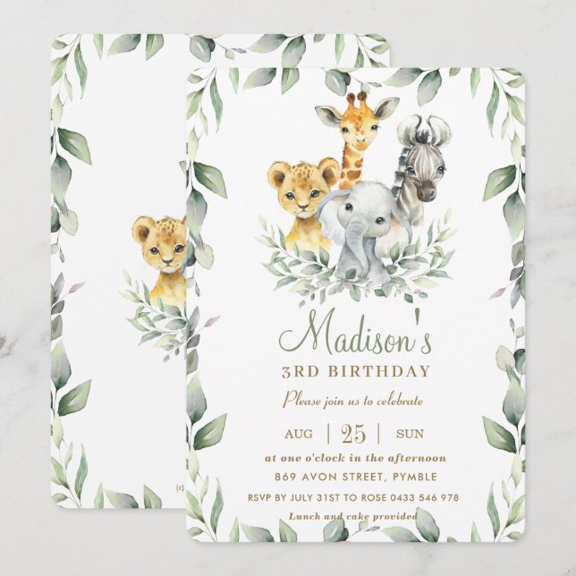 Chic Jungle Animals Greenery Birthday Boy Girl Invitation (Front/Back)