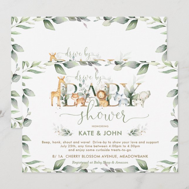 Chic Jungle Animals Greenery Drive By Baby Shower Invitation (Front/Back)
