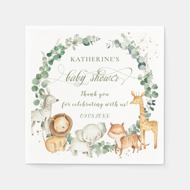 Chic Jungle Animals Greenery Neutral Baby Shower   Napkins (Front)