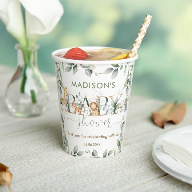 Chic Jungle Animals Greenery Neutral Baby Shower  Paper Cups (Insitu)