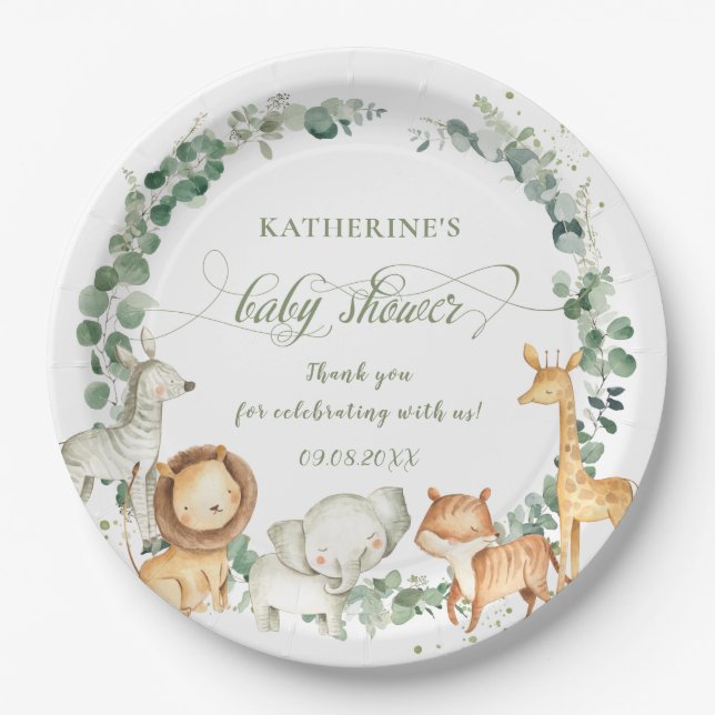 Chic Jungle Animals Greenery Neutral Baby Shower   Paper Plates (Front)