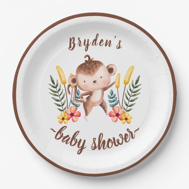 Chic Jungle Animals Greenery Neutral Baby Shower Paper Plates (Front)