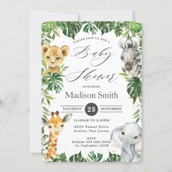 Chic Jungle Animals Greenery Safari Baby Shower Invitation | Zazzle