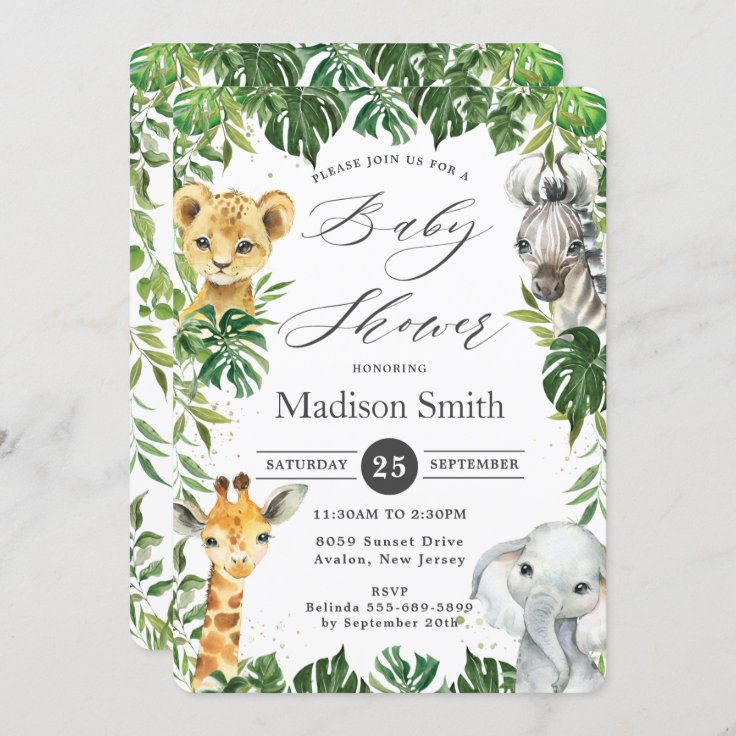 Chic Jungle Animals Greenery Safari Baby Shower Invitation | Zazzle