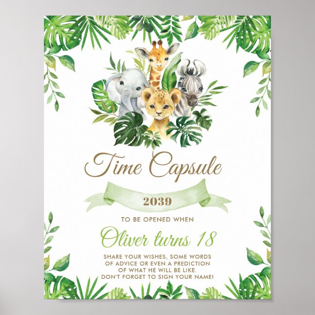 Chic Jungle Animals Greenery Time Capsule Sign (Front)