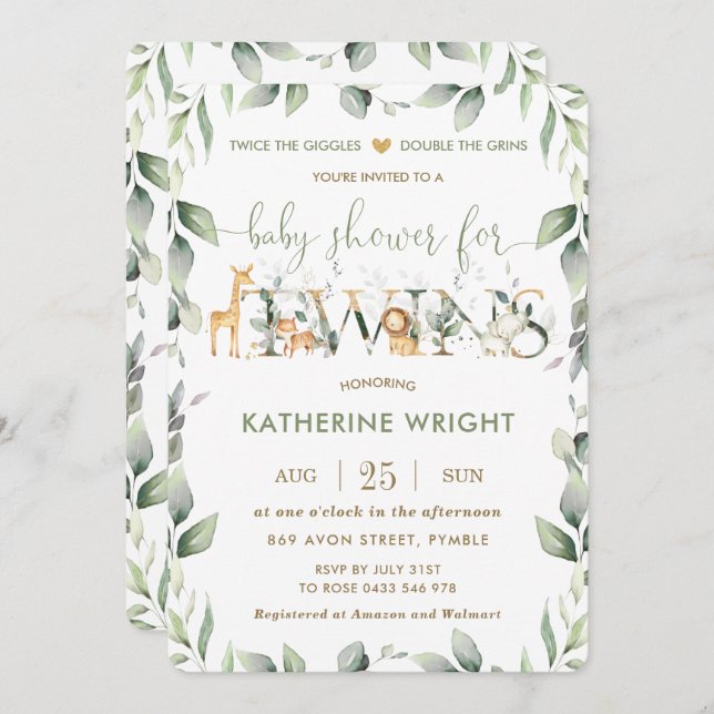 Chic Jungle Animals Greenery Twins Baby Shower Invitation (Front/Back)