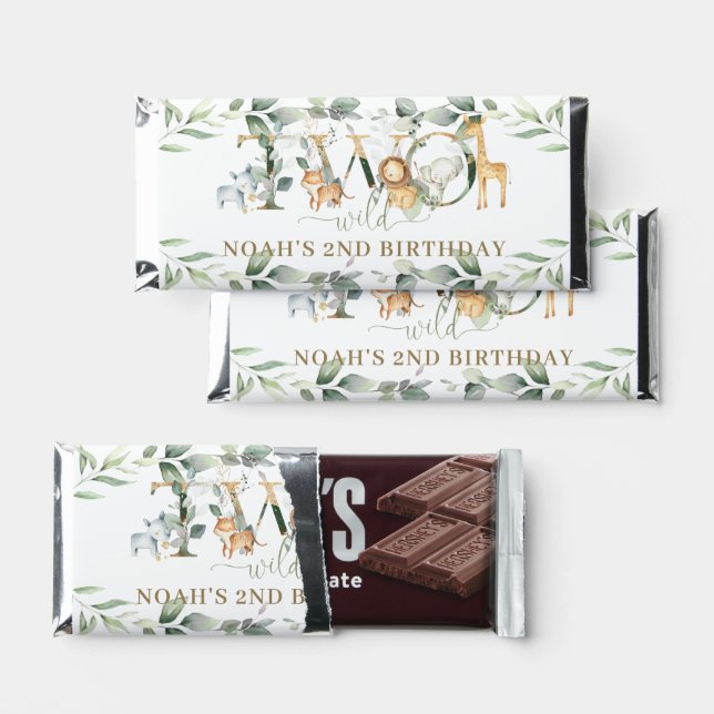 Chic Jungle Animals Greenery Two Wild 2nd Birthday Hershey Bar Favors (Front)