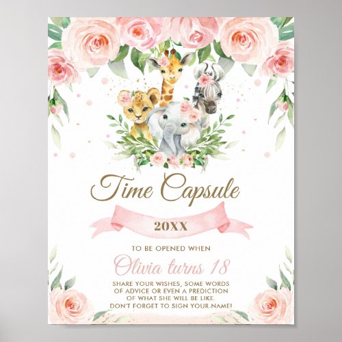 Chic Jungle Animals Pink Floral Time Capsule Sign